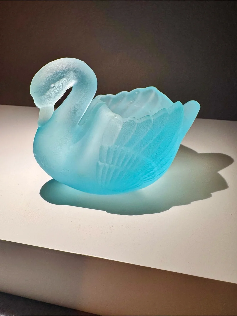 Vintage aqua blue Frosted Glass Swan Decorative Bowl